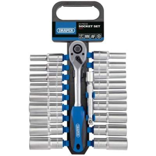 Draper Combined MM/AF Deep Socket and Ratchet Set - 1/2" Square Drive - (20 Pieces)