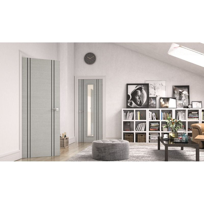 Deanta Flush Light Grey Ash Prefinished Internal Door With Dark Grey Vertical Inlays 1981 x 762 x 35mm