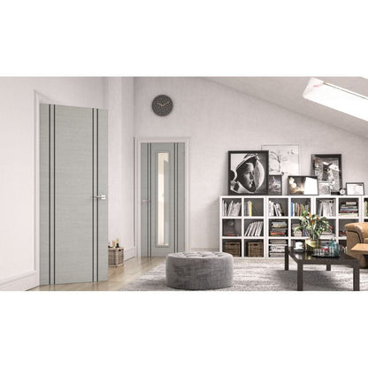 Deanta Flush Light Grey Ash Prefinished Internal Door With Dark Grey Vertical Inlays