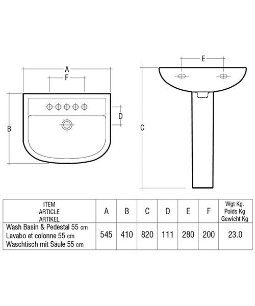 Image for RAK Compact Basin & Full Pedestal 550mm Wide 1 Tap Hole