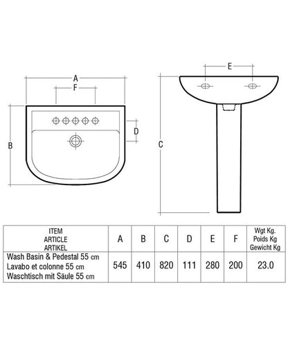 Image for RAK Compact Basin & Full Pedestal 550mm Wide 2 Tap Hole