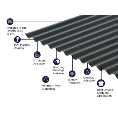 Cladco Corrugated 13/3 Profile PVC Plastisol Coated 0.7mm Metal Roof Sheet Anthracite - All Sizes