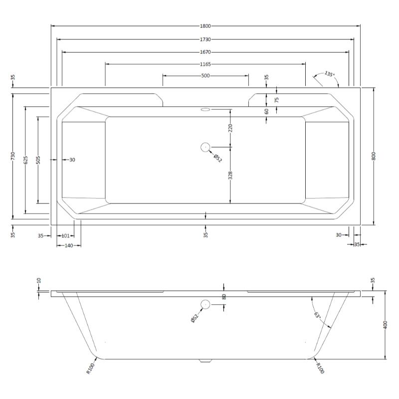 Bayswater Bathurst 1800mm x 800mm Double Ended Bath