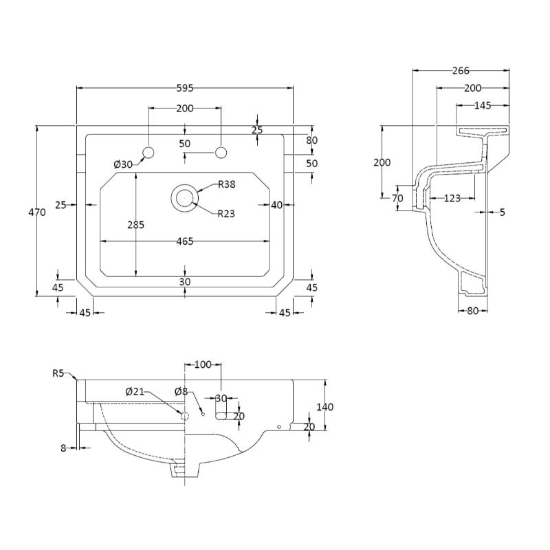 Bayswater Fitzroy 595mm 2 Tap Hole Basin