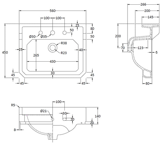 Image for Bayswater Fitzroy 560mm 3 Tap Hole Basin