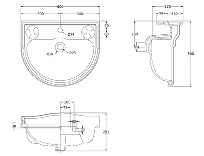 Image for Bayswater Porchester 600mm 1 Tap Hole Basin