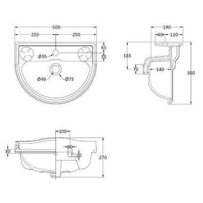 Bayswater Porchester 500mm 1 Tap Hole Basin