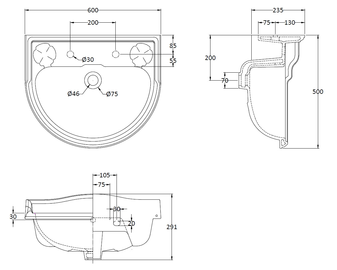 Image for Bayswater Porchester 600mm 2 Tap Hole Basin