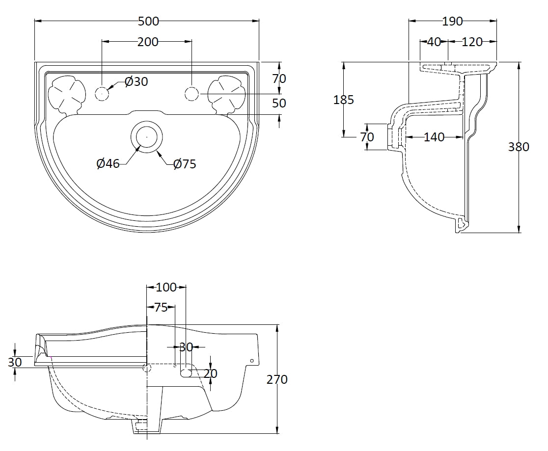 Image for Bayswater Porchester 500mm 2 Tap Hole Basin