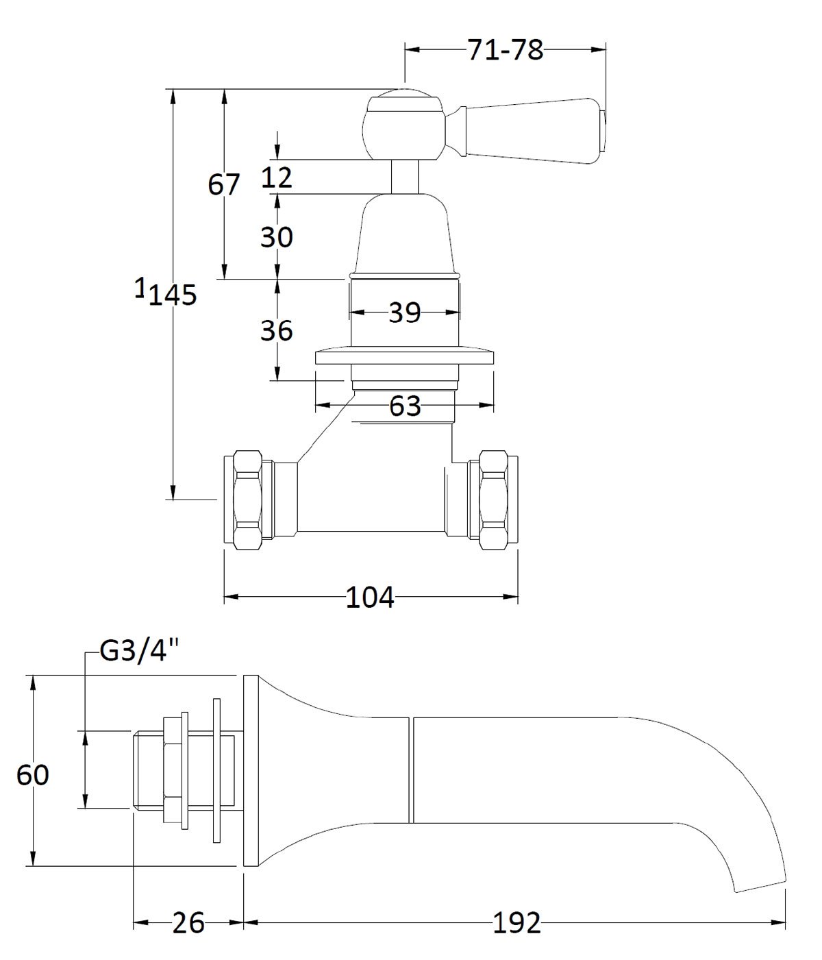 Image for Bayswater White 3 Tap Hole Wall Bath Filler - BAYT309