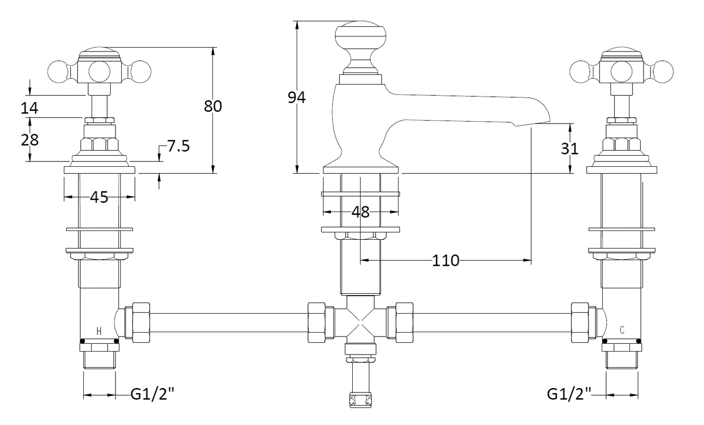 Image for Bayswater White 3 Tap Hole Deck Basin Mixer - BAYT107