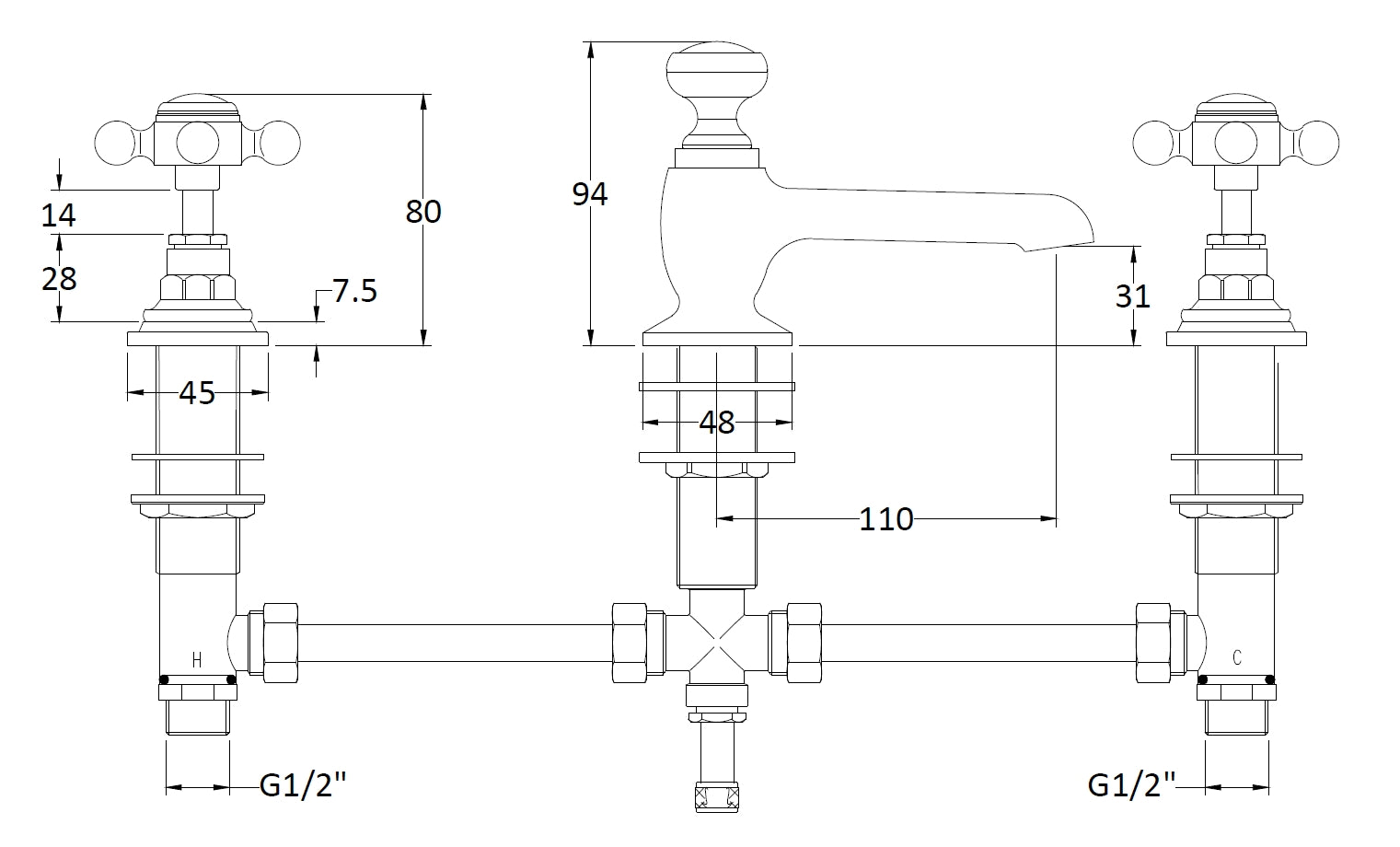 Image for Bayswater White 3 Tap Hole Deck Basin Mixer - BAYT107