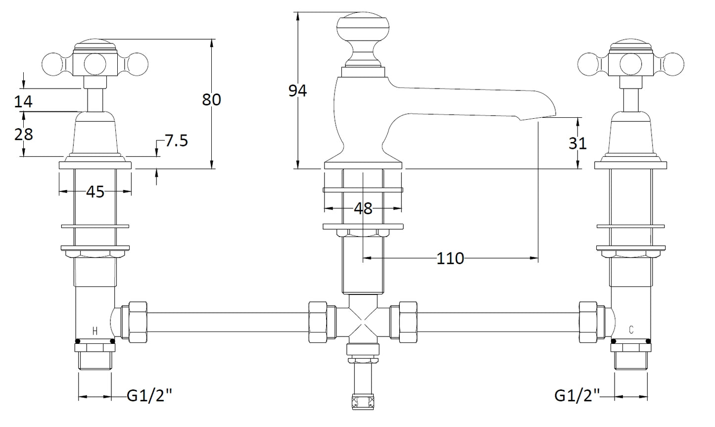 Image for Bayswater White 3 Tap Hole Deck Basin Mixer - BAYT207