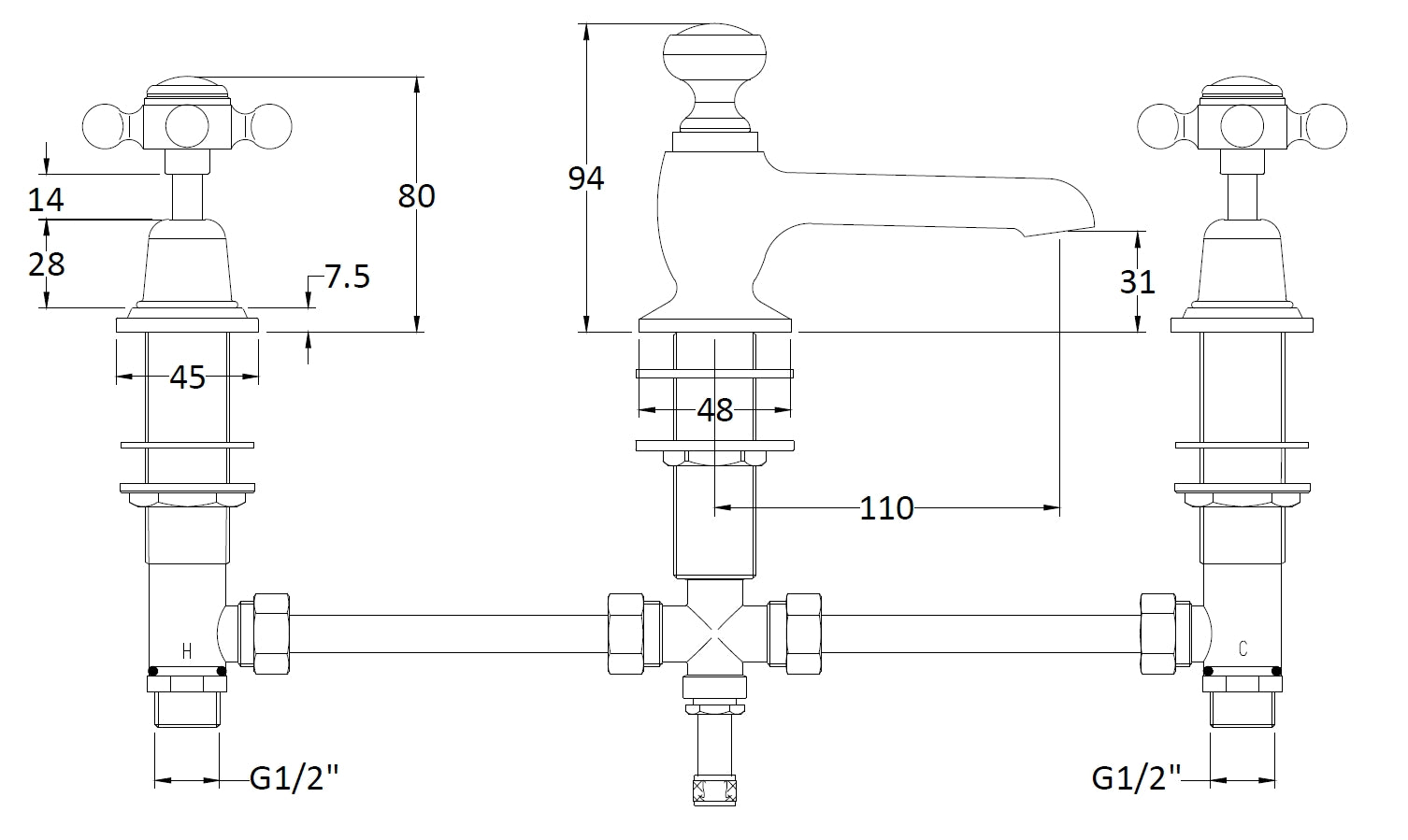 Image for Bayswater White 3 Tap Hole Deck Basin Mixer - BAYT207