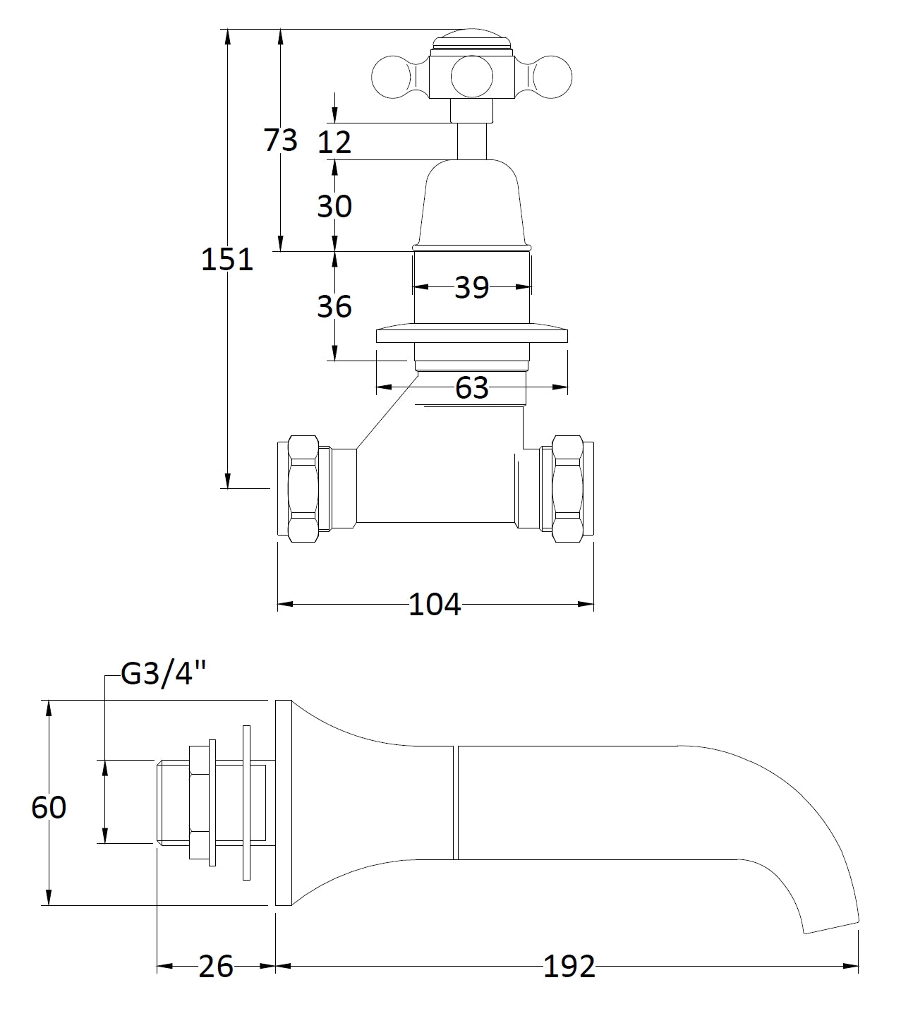 Image for Bayswater White 3 Tap Hole Wall Bath Filler - BAYT209