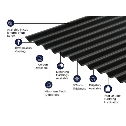 Cladco Corrugated 13/3 Profile PVC Plastisol Coated 0.7mm Metal Roof Sheet Black - All Sizes