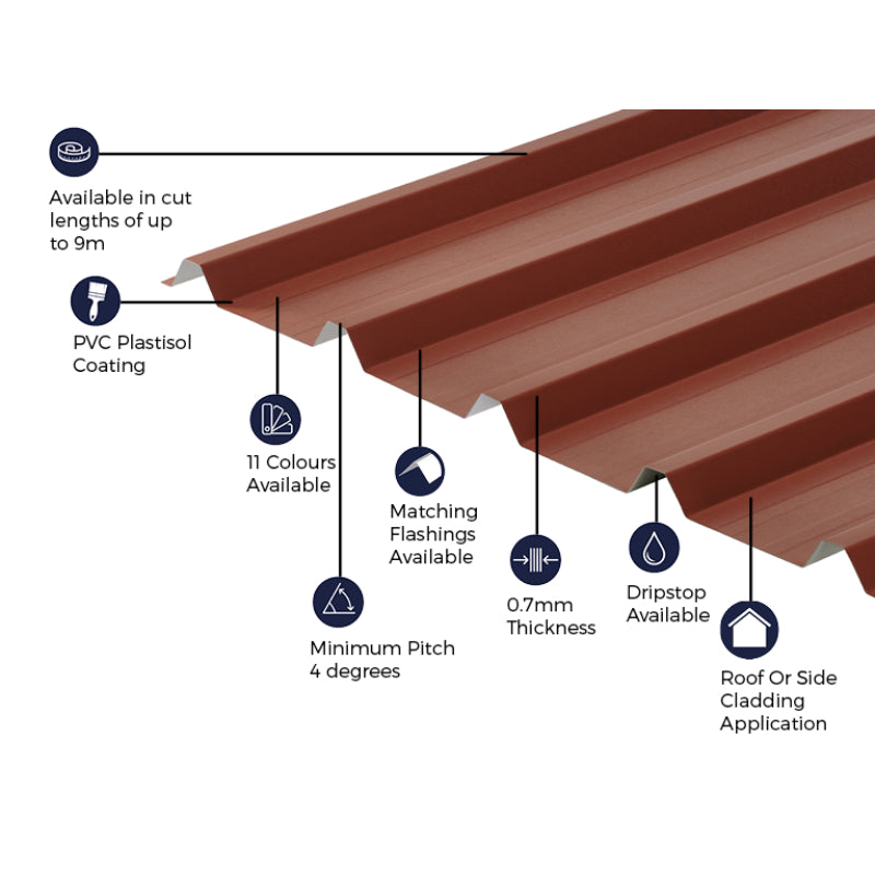 Cladco 32/1000 Box Profile PVC Plastisol Coated 0.7mm Metal Roof Sheet 1m x 2m - Chestnut