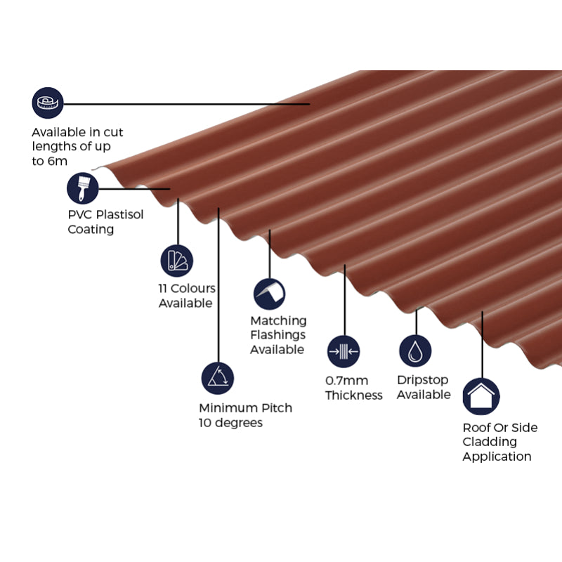 Cladco Corrugated 13/3 Profile PVC Plastisol Coated 0.7mm Metal Roof Sheet Chestnut - All Sizes