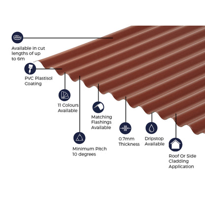 Cladco Corrugated 13/3 Profile PVC Plastisol Coated 0.7mm Metal Roof Sheet Chestnut - All Sizes