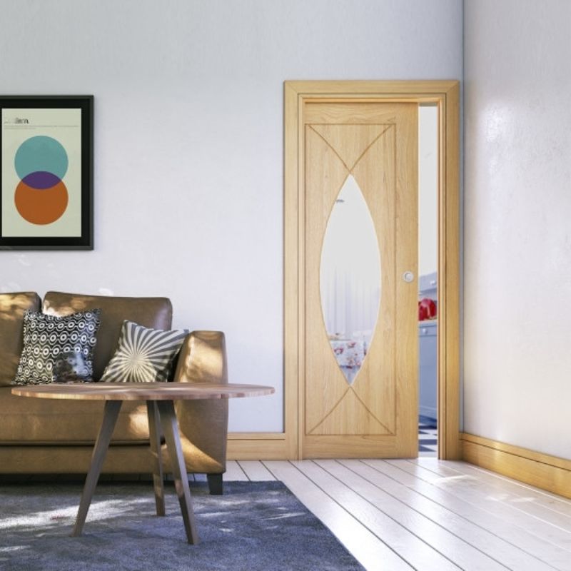 Deanta Double Door Sliding Kit + Handle & Doorjamb 100mm Oak Frame + Black Hardware - All Sizes