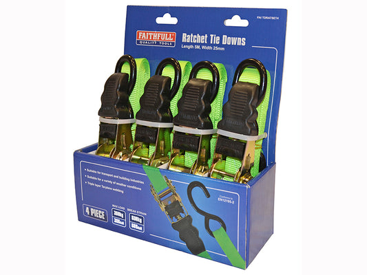 Faithfull Ratchet Tie-Downs 5m x 25mm Green 4 Piece