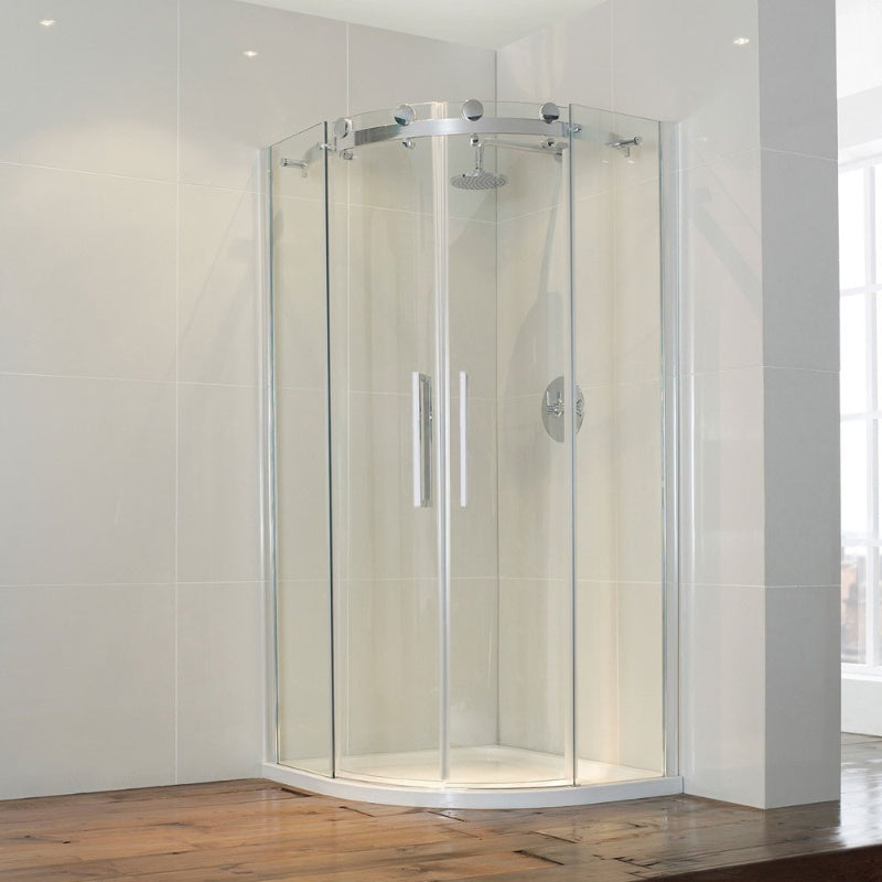 Aquaglass Frameless Curved Quadrant Shower Enclosure w/ Cut-Out Top Panel & 2 Sliding Doors - All Sizes