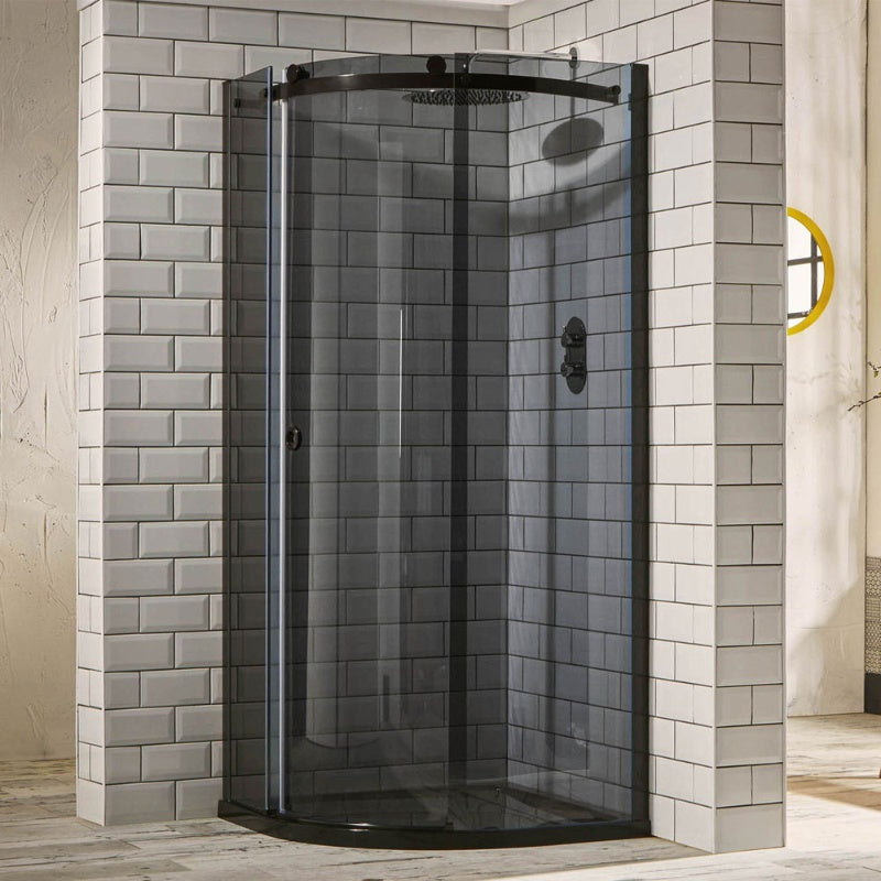 Aquaglass Sphere Curved Offset Quadrant Shower Enclosure, Tinted Glass w/ Cut-Out Top Panel & 1 Elongated Side Panel & Sliding Door  - (Left Hand)