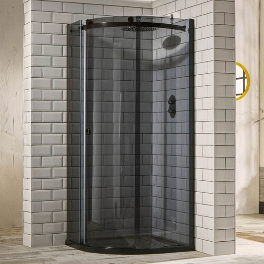 Aquaglass Sphere Curved Offset Quadrant Shower Enclosure, Tinted Glass w/ Cut-Out Top Panel & 1 Elongated Side Panel & Sliding Door  - (Left Hand)