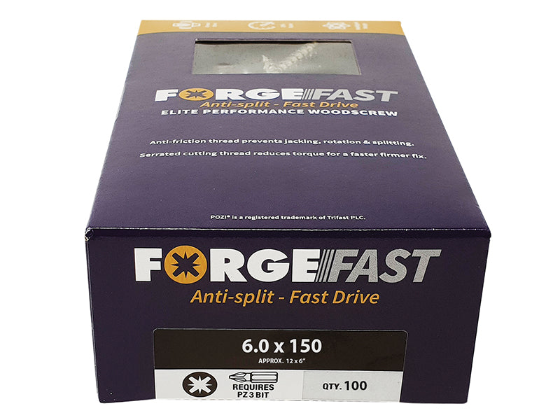 Forgefix Anti-Split & Fast Start Woodscrew 6mm x 150mm (Box of 100)