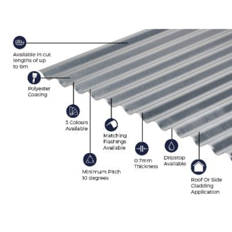 Cladco Corrugated 13/3 Profile Plain Galvanised Finish 0.7mm Metal Roof Sheet - All Sizes