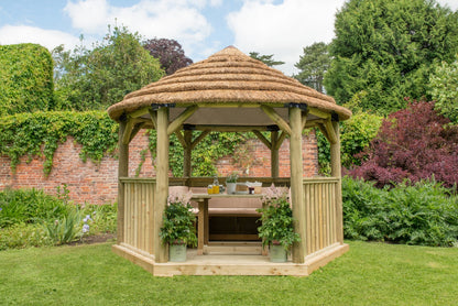 Image for Forest 3.6m Hexagonal Wooden Garden Gazebo with Thatched Roof - Furnished (Cream)