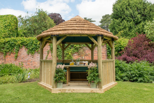 Image for Forest 3.6m Hexagonal Wooden Garden Gazebo with Thatched Roof - Furnished (Green)