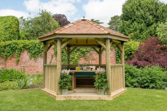 Image for Forest 3.6m Hexagonal Wooden Garden Gazebo with Cedar Roof - Furnished (Green)