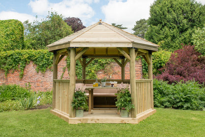 Image for Forest 3.6m Hexagonal Wooden Garden Gazebo with Timber Roof - Furnished (Cream)