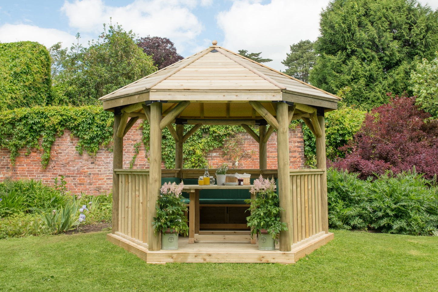 Image for Forest 3.6m Hexagonal Wooden Garden Gazebo with Timber Roof - Furnished (Green)