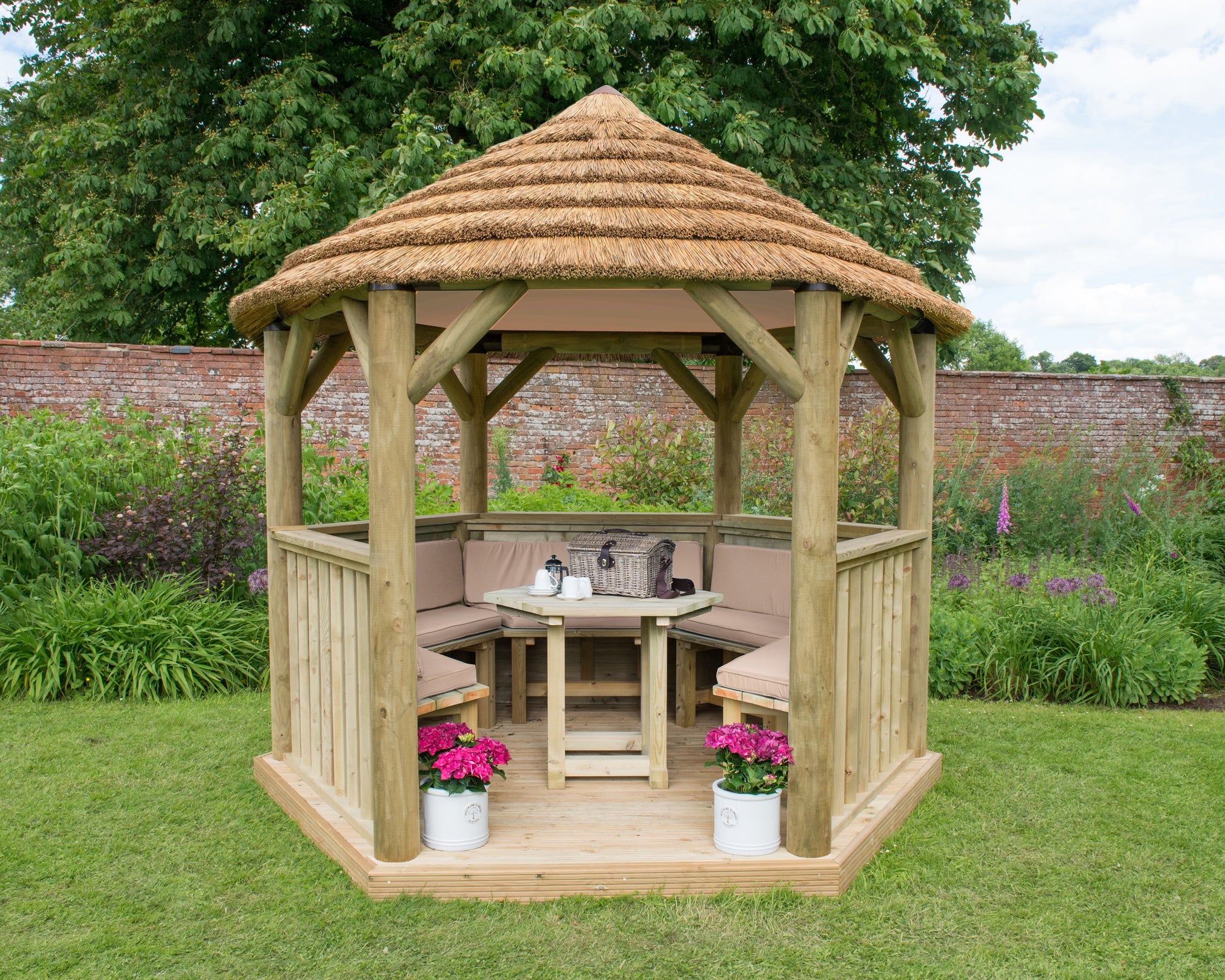 Image for Forest 3m Hexagonal Wooden Garden Gazebo with Thatched Roof - Furnished (Cream)