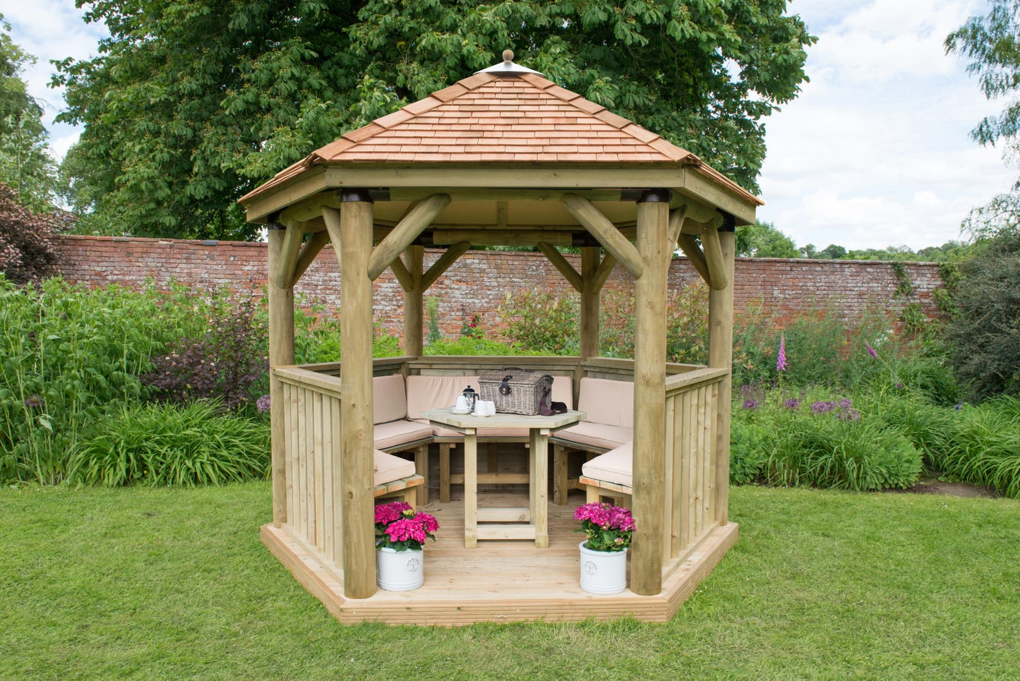 Image for Forest 3m Hexagonal Wooden Garden Gazebo with Cedar Roof - Furnished (Cream)