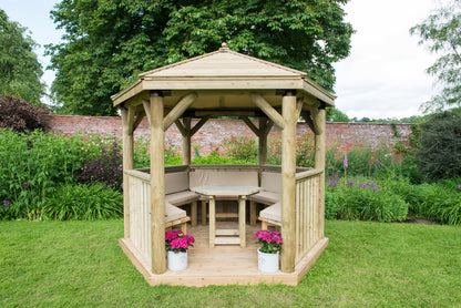 Image for Forest 3m Hexagonal Wooden Garden Gazebo with Timber Roof - Furnished (Cream)