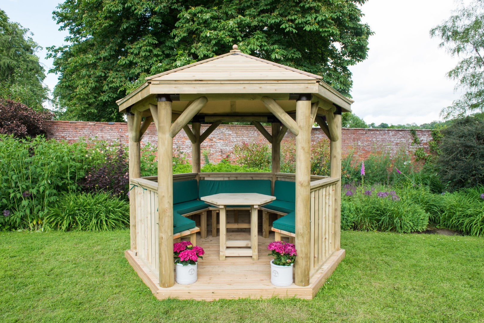 Image for Forest 3m Hexagonal Wooden Garden Gazebo with Timber Roof - Furnished (Green)