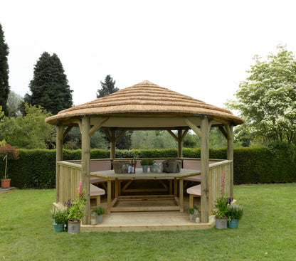 Image for Forest 4.7m Hexagonal Wooden Garden Gazebo with Thatched Roof - Furnished (Cream)