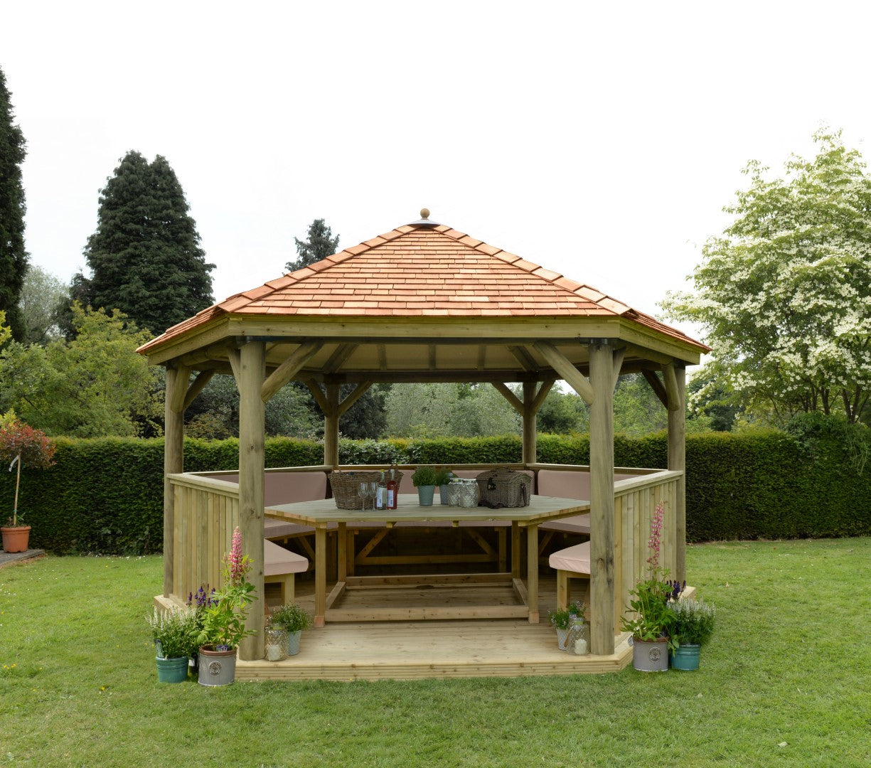 Image for Forest 4.7m Hexagonal Wooden Garden Gazebo with Cedar Roof - Furnished (Cream)