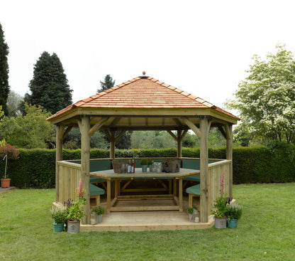 Image for Forest 4.7m Hexagonal Wooden Garden Gazebo with Cedar Roof - Furnished (Green)