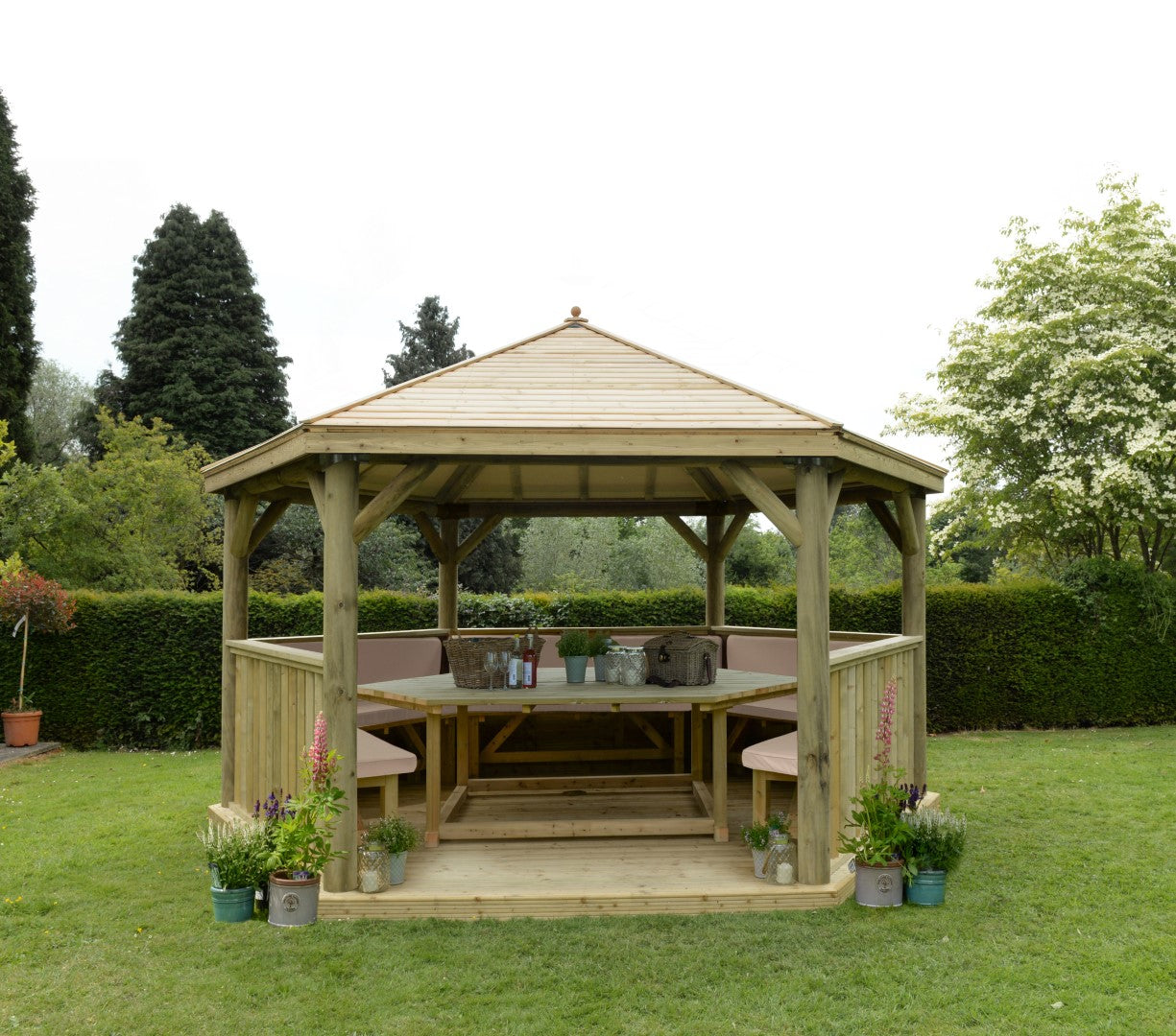 Image for Forest 4.7m Hexagonal Wooden Garden Gazebo with Timber Roof - Furnished (Cream)