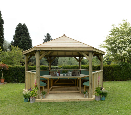 Image for Forest 4.7m Hexagonal Wooden Garden Gazebo with Timber Roof - Furnished (Green)