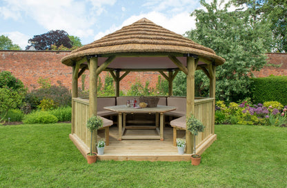 Image for Forest 4m Hexagonal Wooden Garden Gazebo with Thatched Roof - Furnished (Cream)