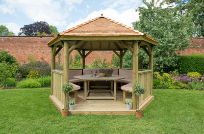 Image for Forest 4m Hexagonal Wooden Garden Gazebo with Cedar Roof - Furnished (Cream)