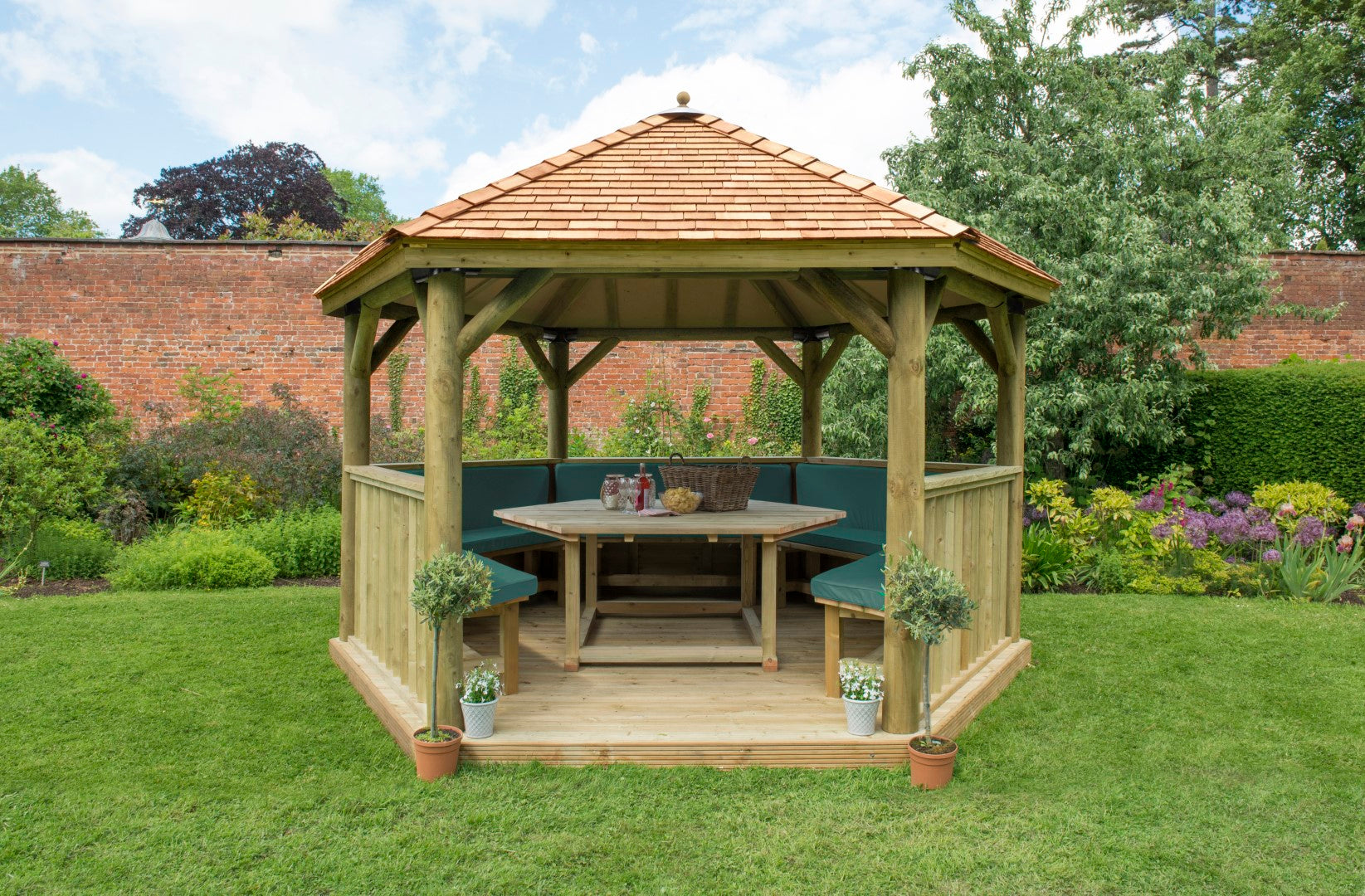 Image for Forest 4m Hexagonal Wooden Garden Gazebo with Cedar Roof - Furnished (Green)