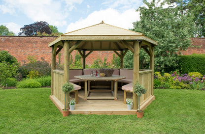 Image for Forest 4m Hexagonal Wooden Garden Gazebo with Timber Roof - Furnished (Cream)