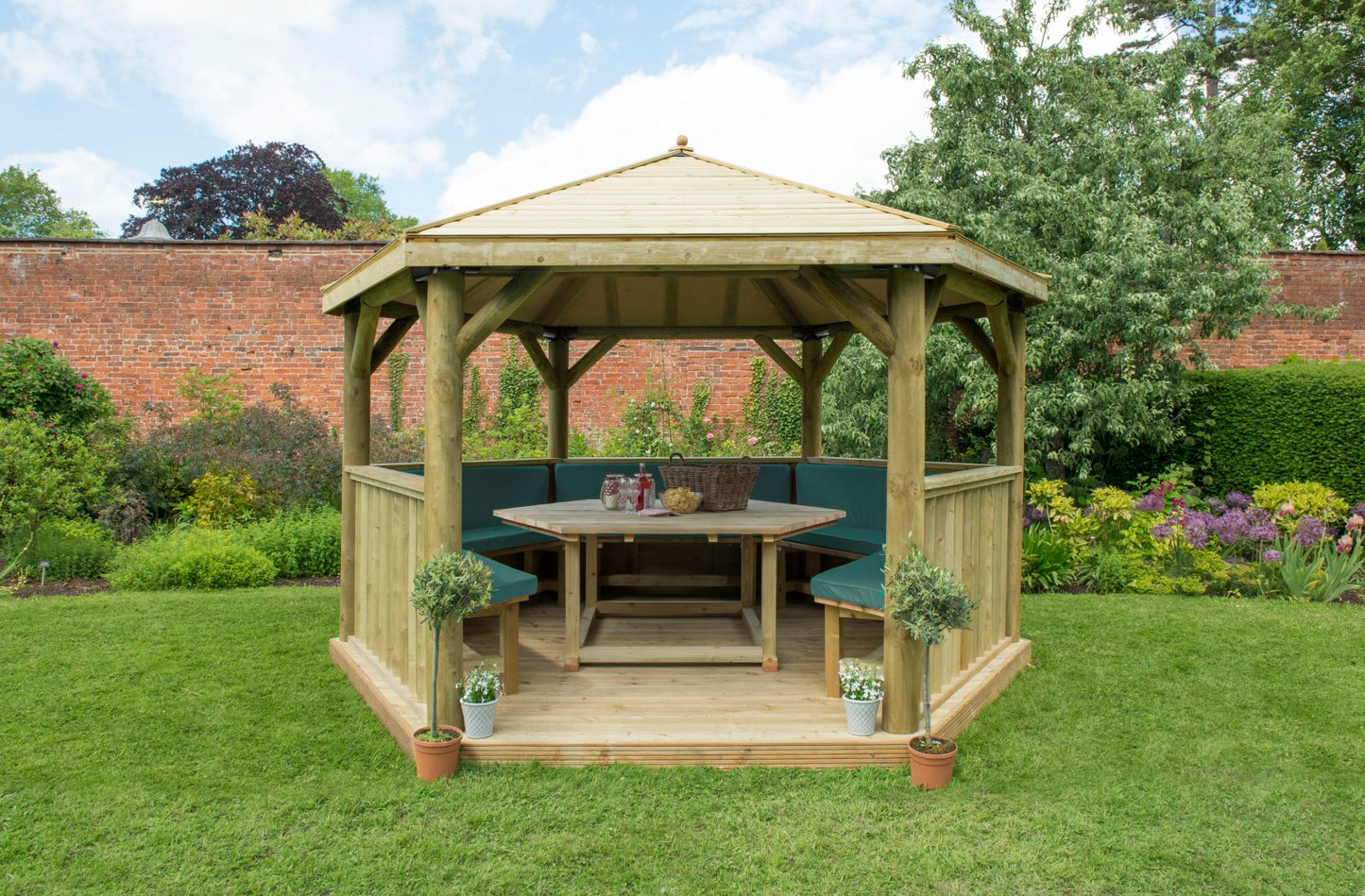 Image for Forest 4m Hexagonal Wooden Garden Gazebo with Timber Roof - Furnished (Green)