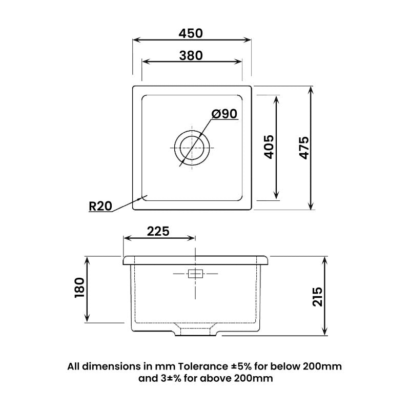 RAK Gourmet Kitchen Sink 6 Square Over / Under Mount Fireclay 